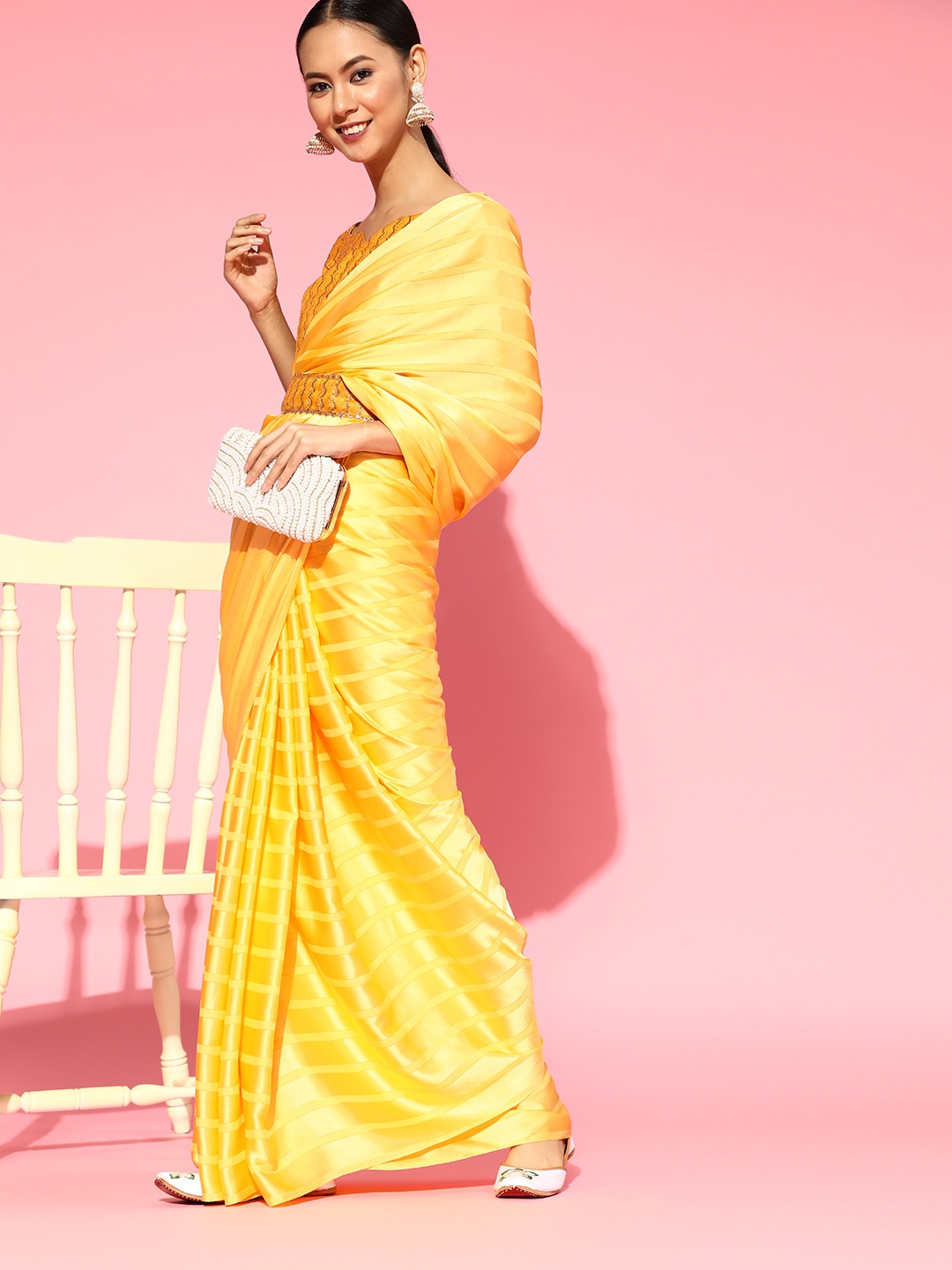 

Saree mall Yellow Striped Satin Party Wear Saree with Matching Blouse