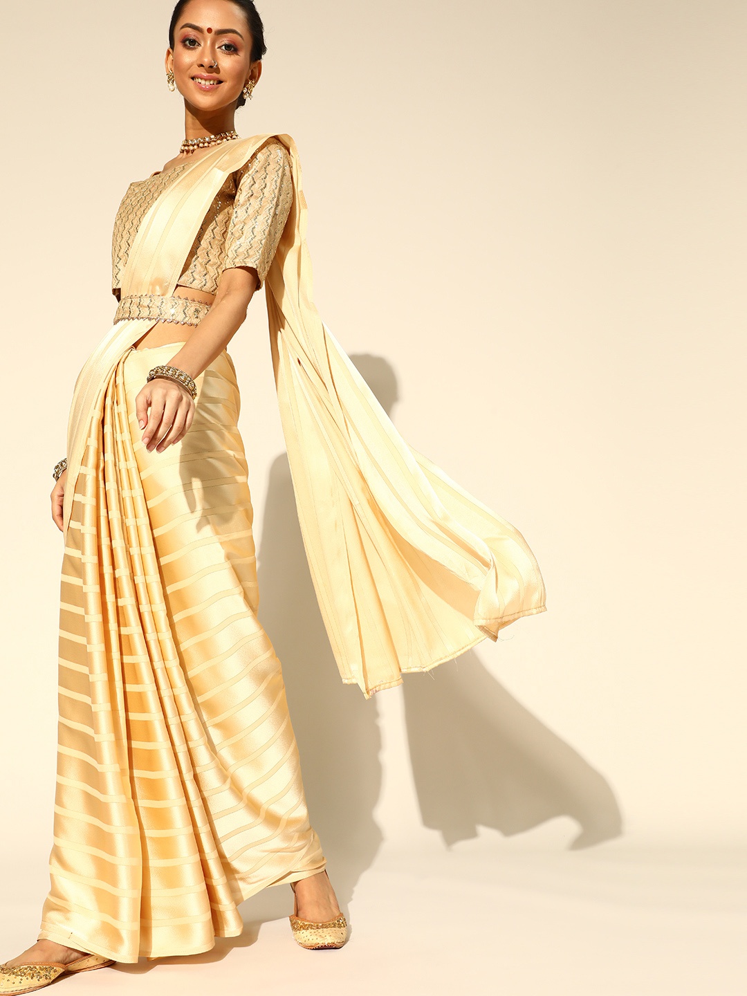 

Saree mall Cream-Coloured Striped Satin Party Wear Saree with Matching Blouse