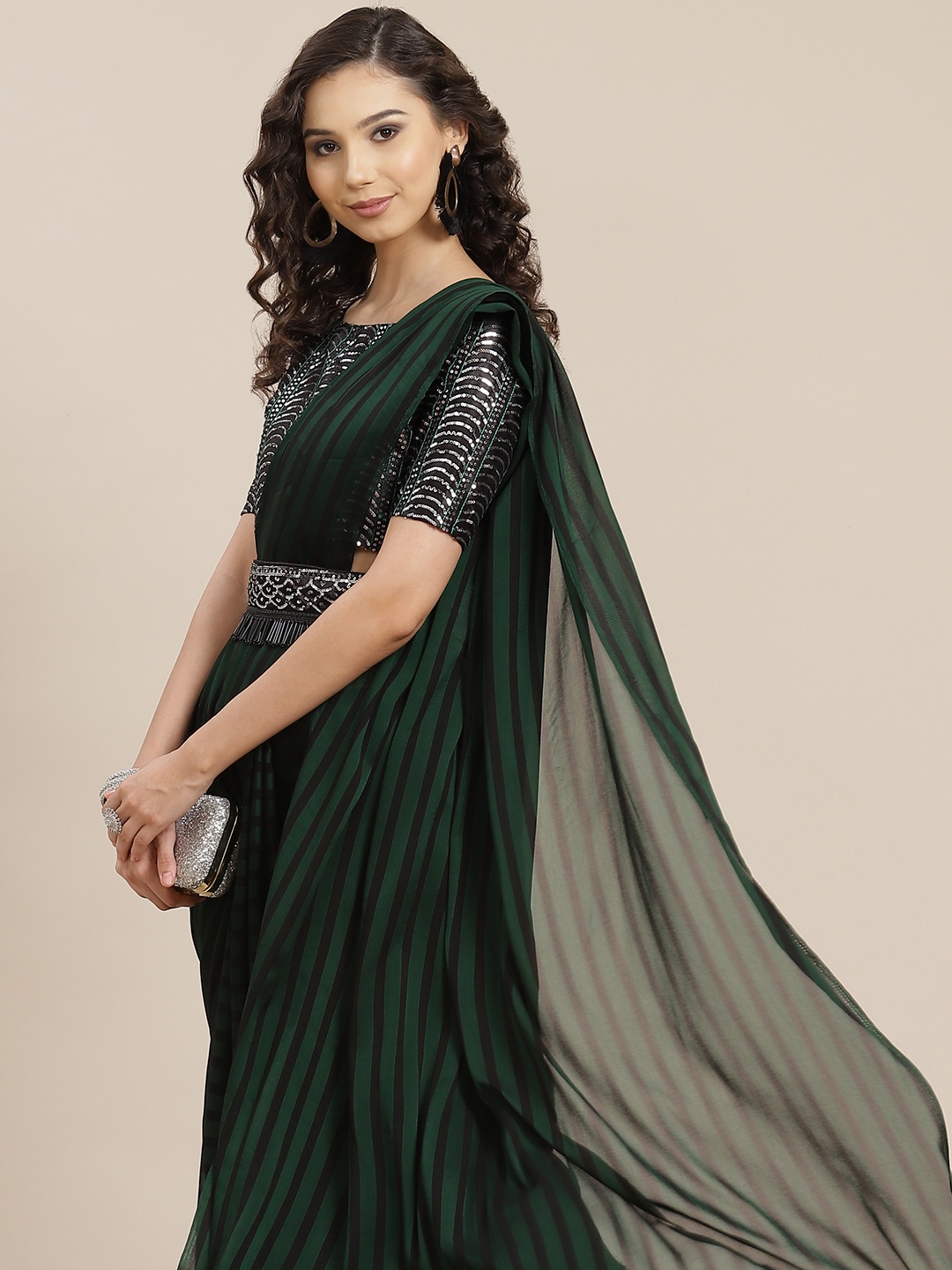 

Saree mall Green & Black Striped Leheriya Saree with Belt