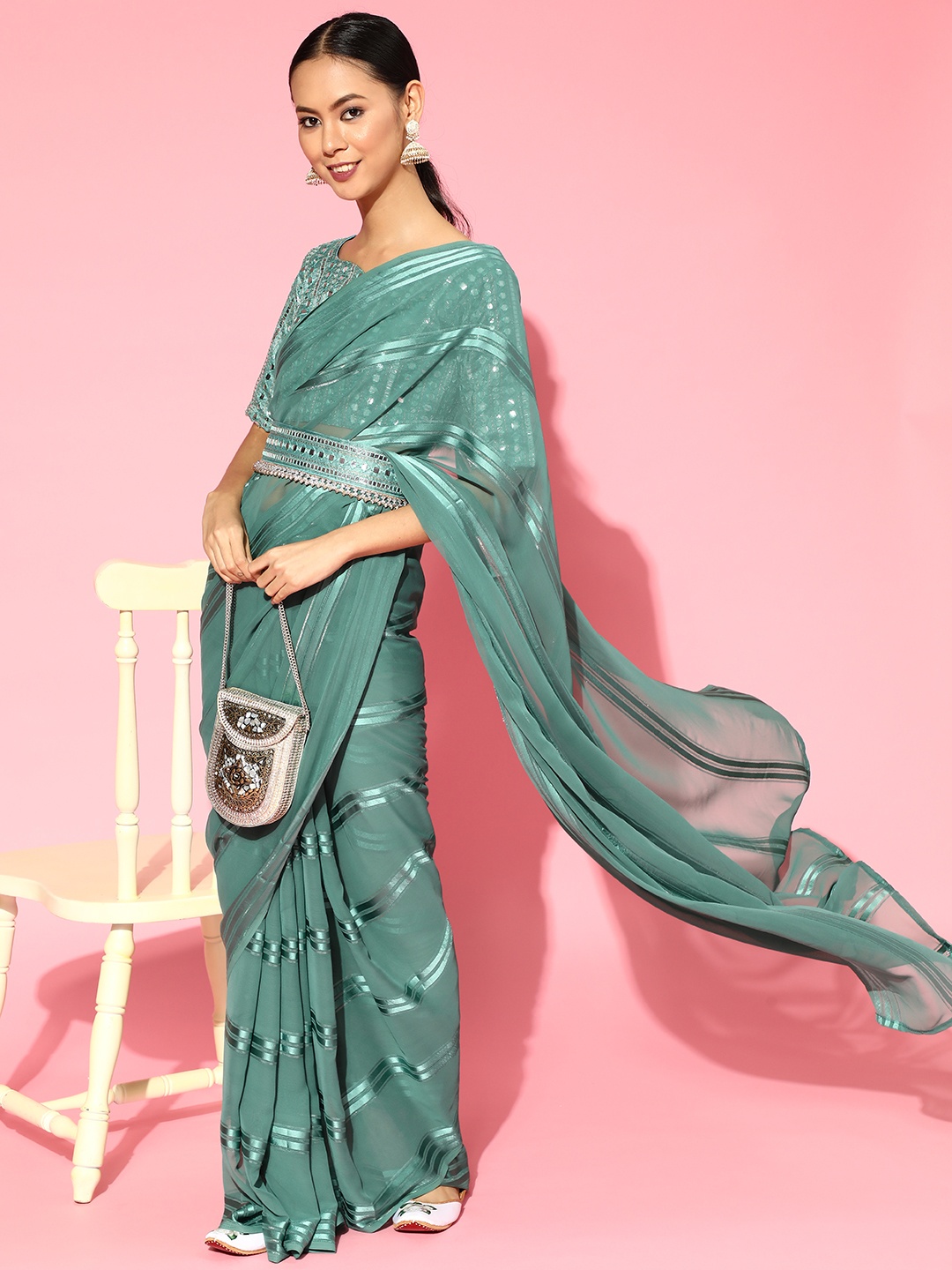 

Saree mall Teal Green Striped Belted Party Wear Saree with Matching Blouse