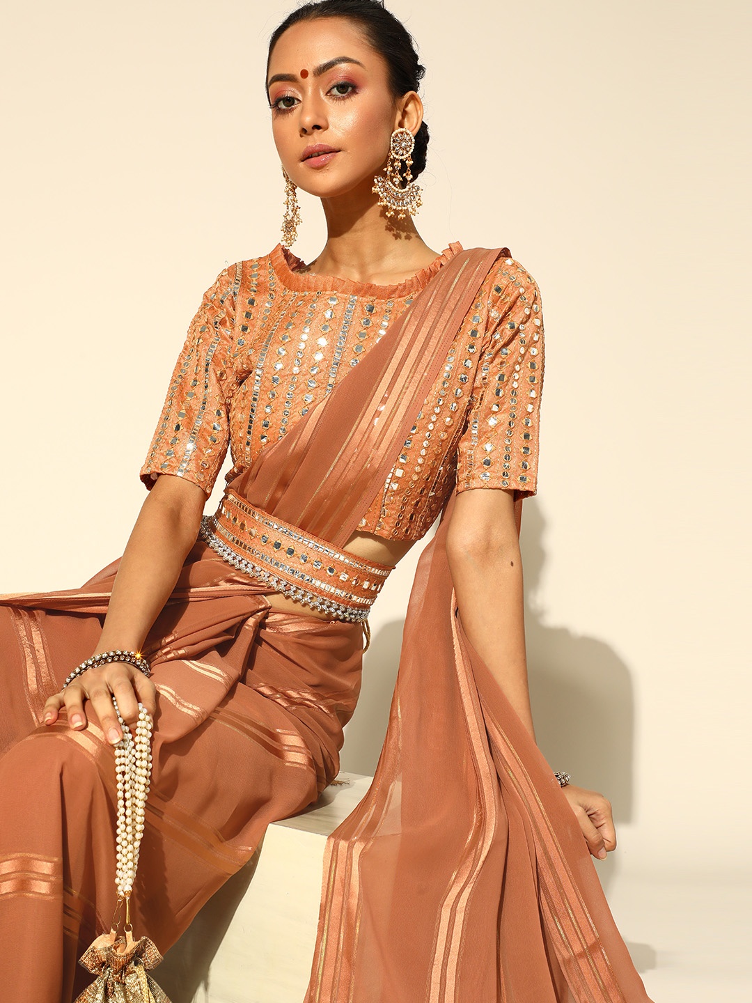 

Saree mall Beige Striped Poly Georgette Party Wear Saree with Matching Blouse