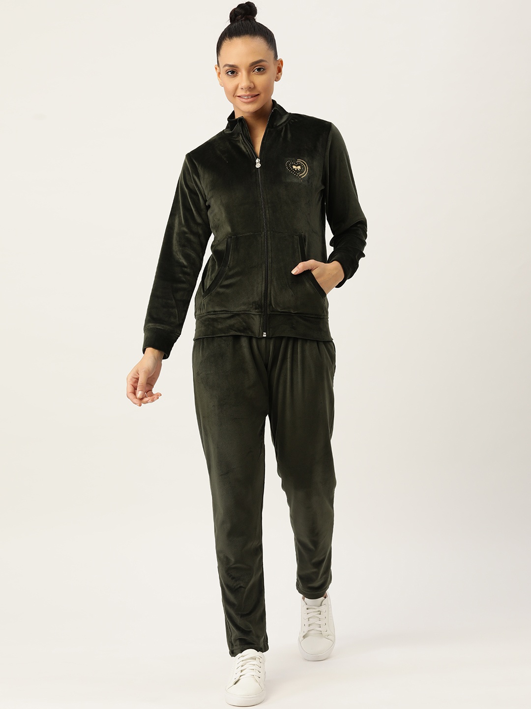 

Sweet Dreams Women Olive Green Solid Velvet Finish Tracksuit