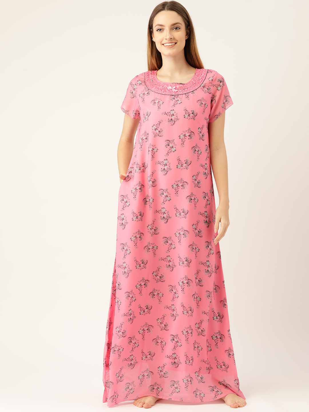 

Sweet Dreams Pink & Black Floral Print Satin Finish Nightdress