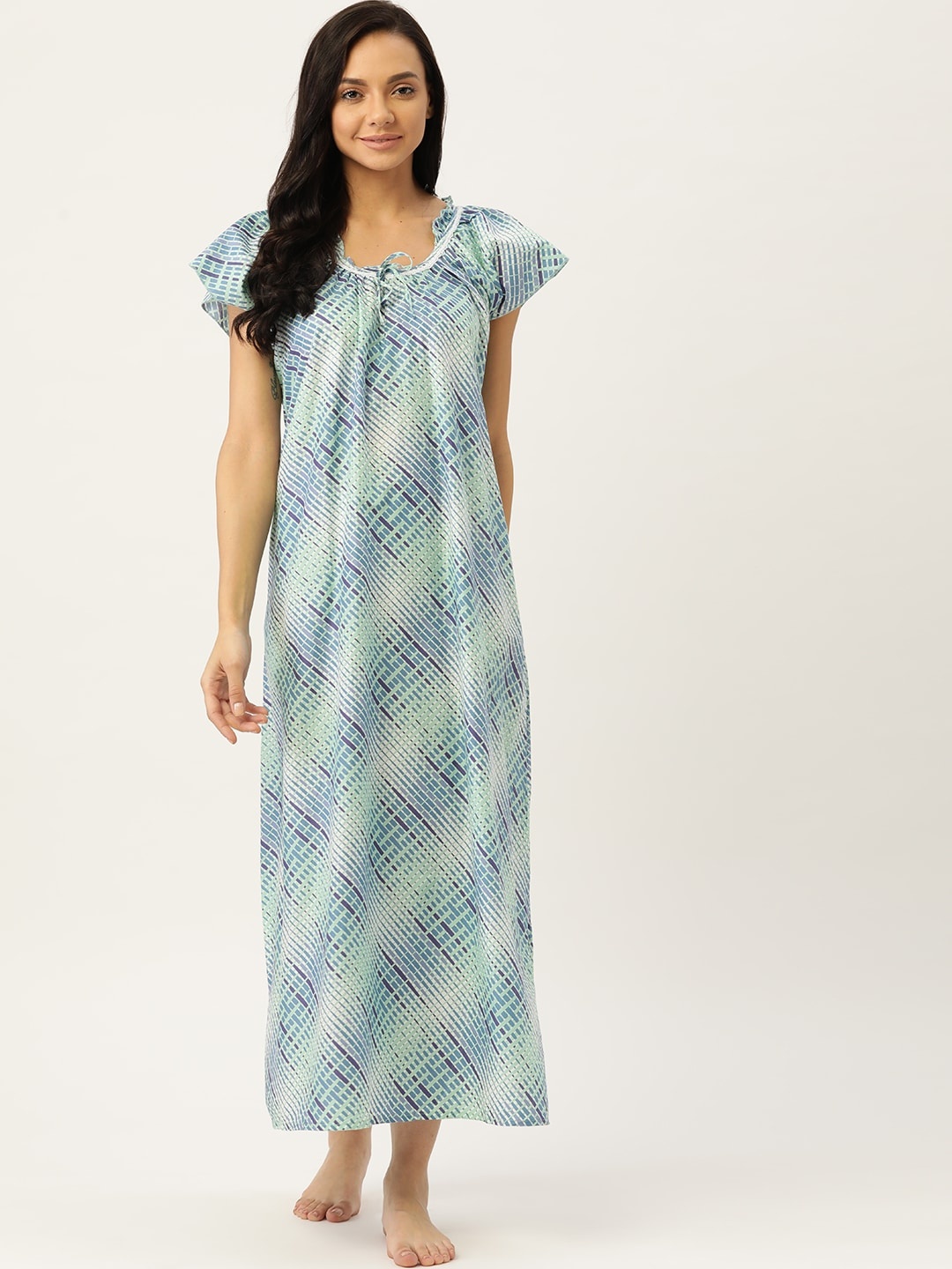 

Sweet Dreams Blue & Green Geometric Printed Pure Cotton Maxi Nightdress