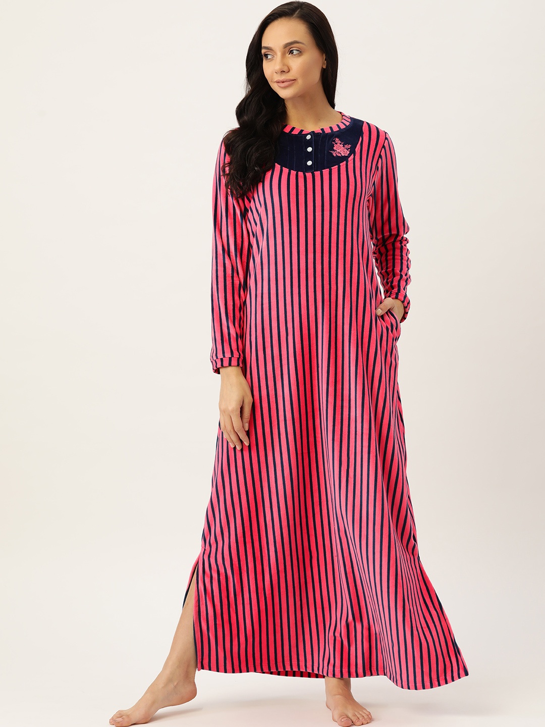 

Sweet Dreams Pink & Navy Blue Striped Maxi Nightdress