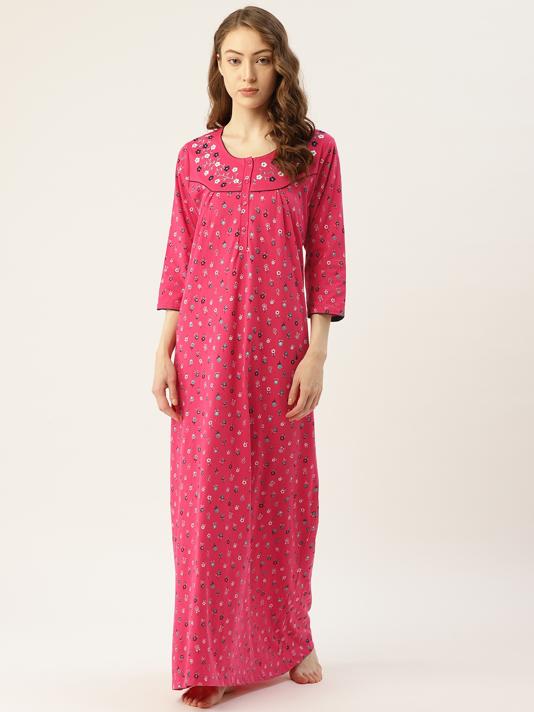 

Sweet Dreams Pink & Teal Green Floral Printed Maxi Nightdress