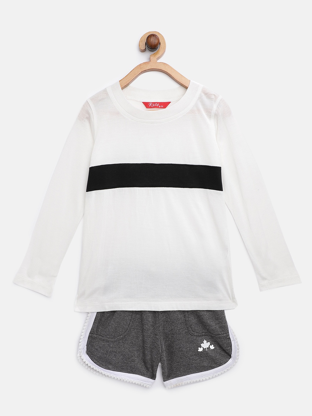 

Rute Boys White & Charcoal Grey Colourblocked Detail Pure Cotton T-shirt with Solid Shorts