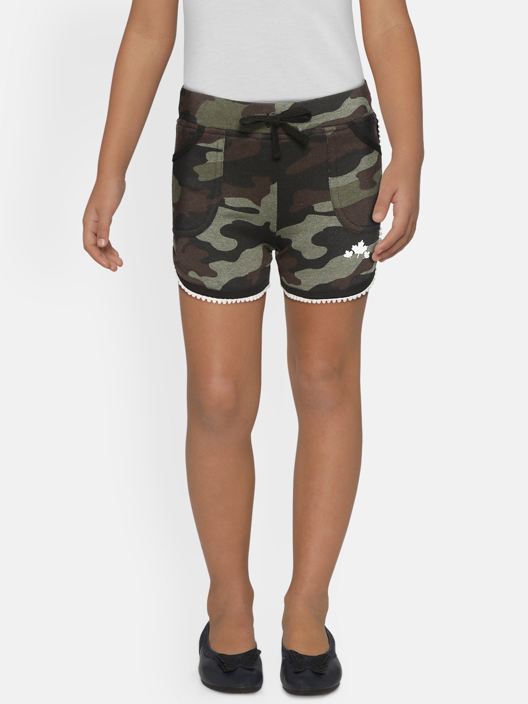 

Rute Girls Olive Green & Charcoal Grey Camouflage Print Slim Fit Cotton Regular Shorts