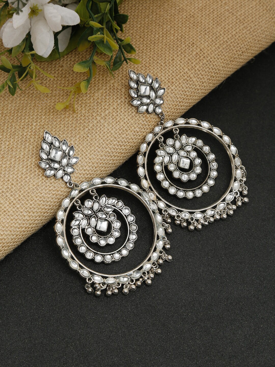 

NEUDIS Silver-Plated Oxidized Handcrafted Mirror Work Circular Shaped Drop Earrings