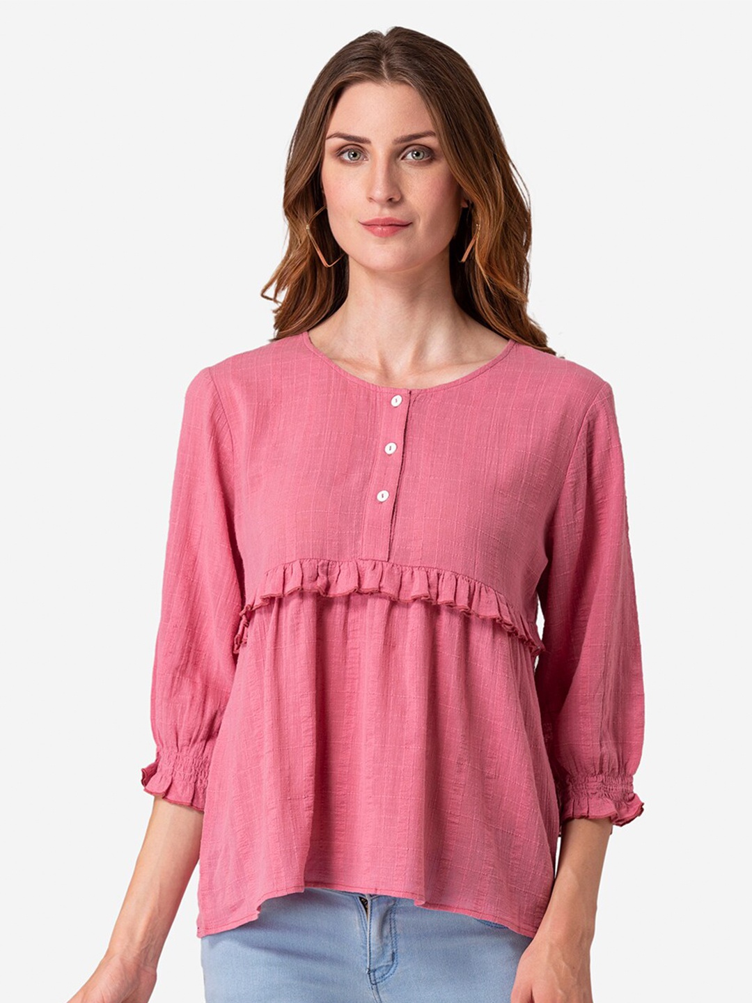 

Modriba Women Pink Checked Pure Cotton A-Line Top