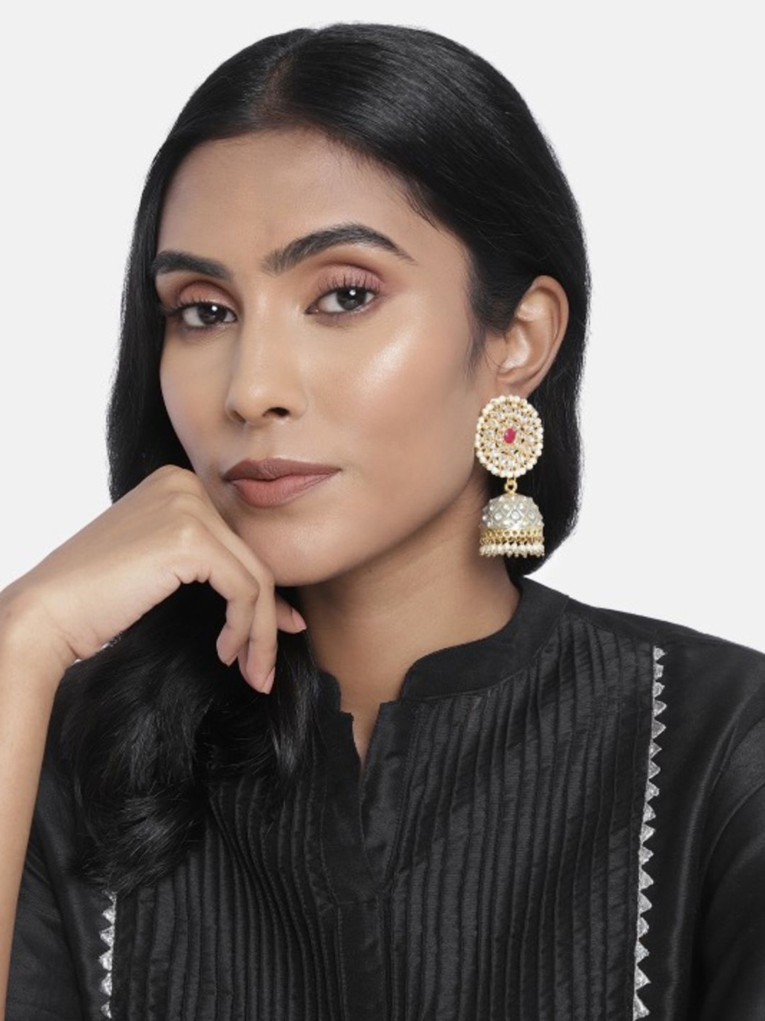 

I Jewels Grey & White Gold-Plated Handcrafted Embellished Enamelled Jhumkas