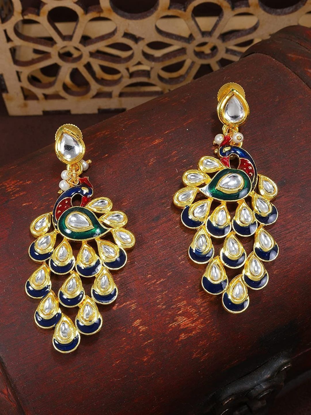 

I Jewels Gold-Plated & Blue Peacock Shaped Enamelled Drop Earrings