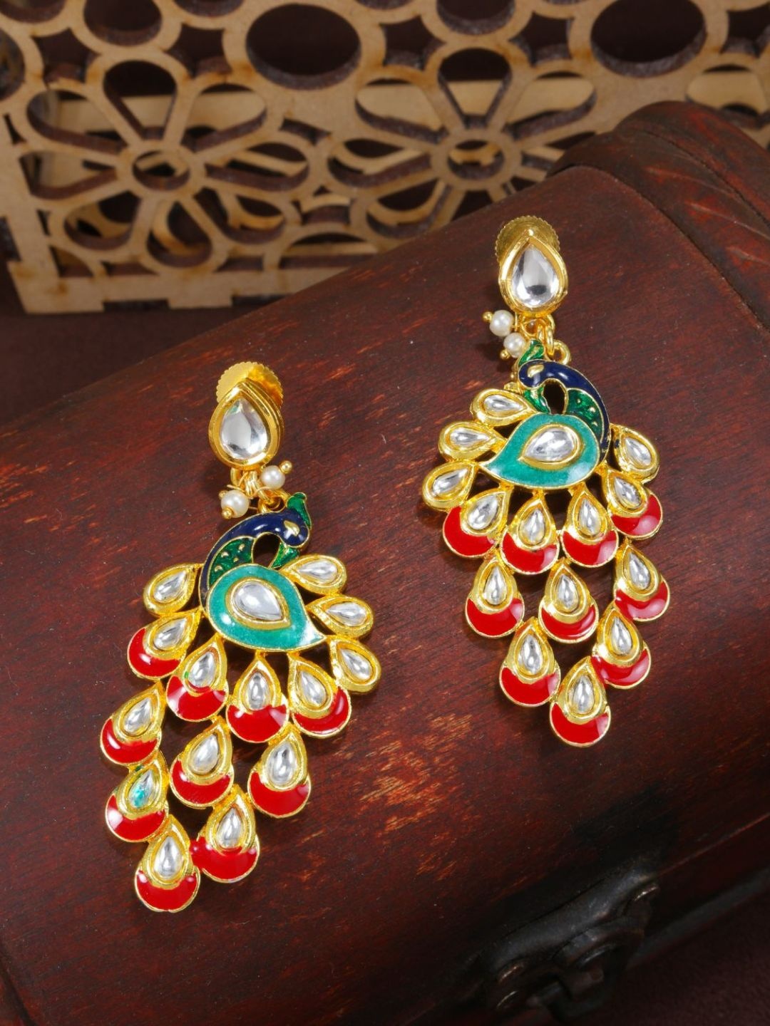 

I Jewels Red & Navy Blue Gold-Plated Peacock Shaped Enamelled Drop Earrings