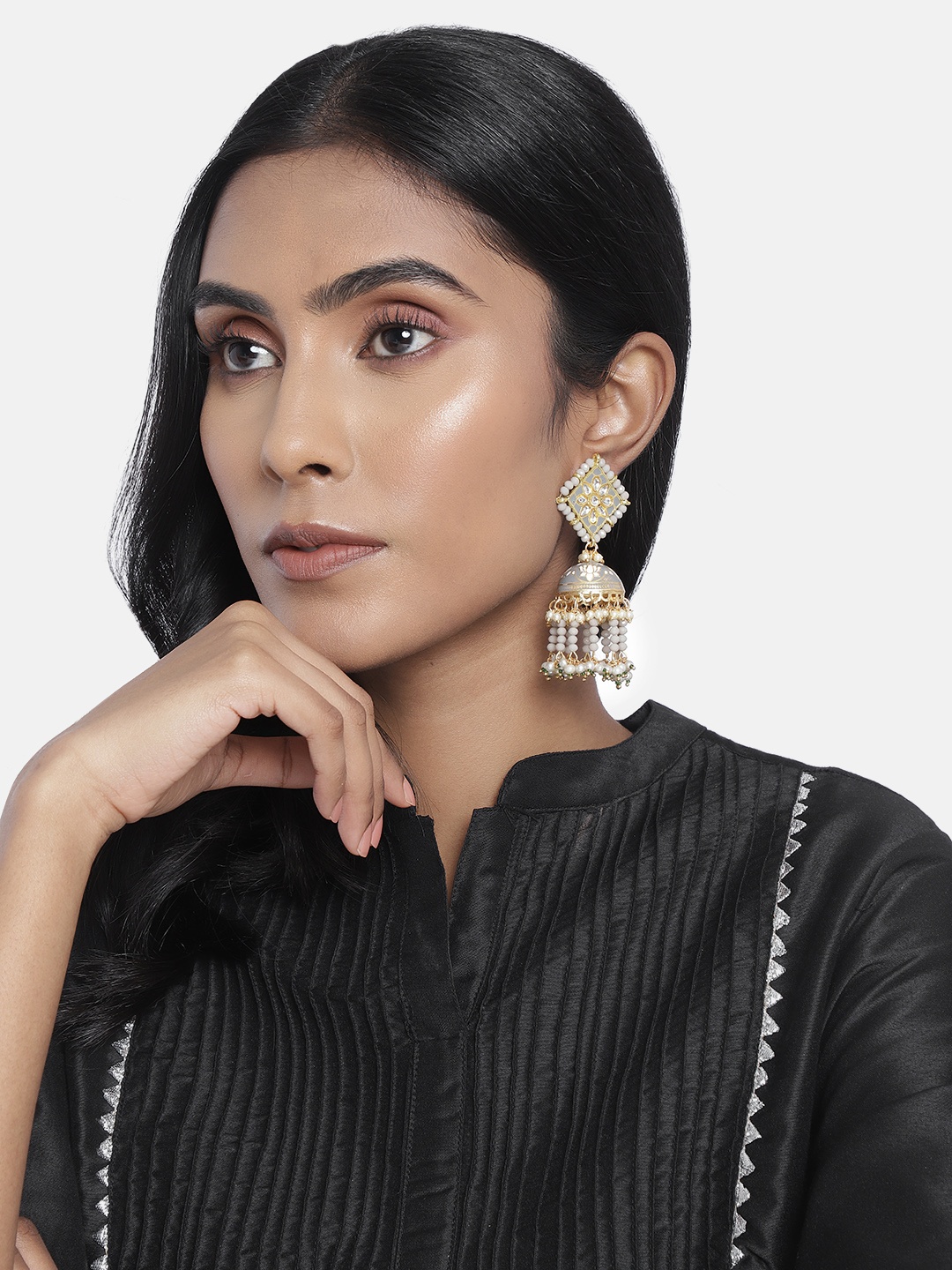

I Jewels Grey Gold-Plated Pearl Beaded Handcrafted Enamelled Jhumkas