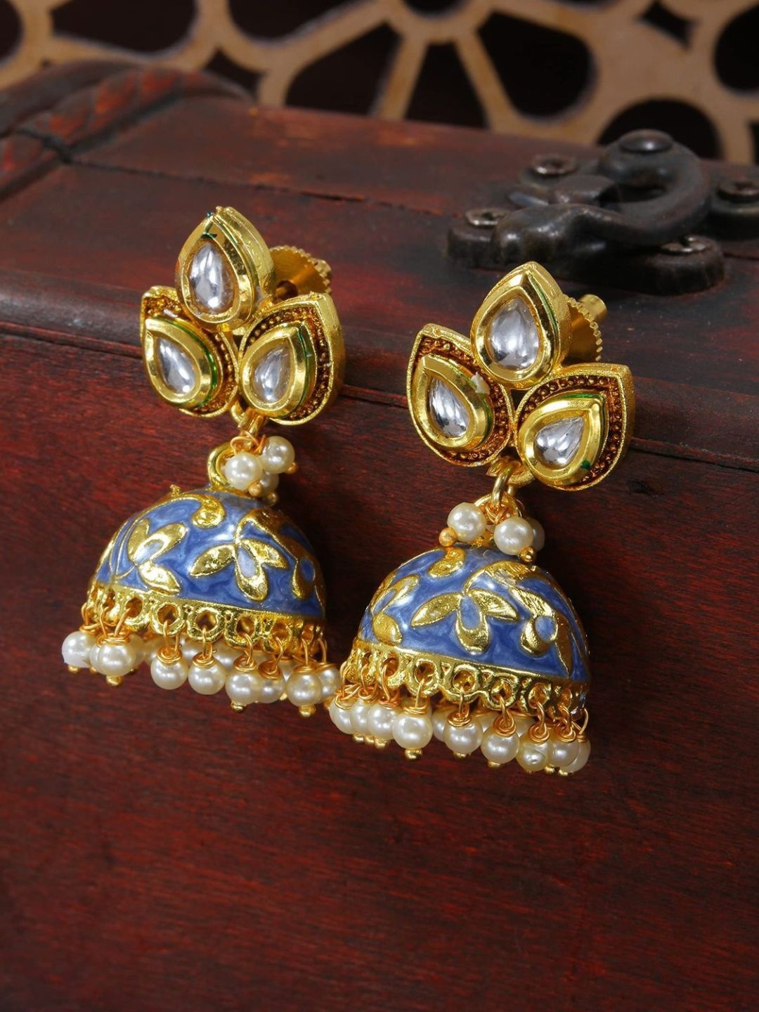 

I Jewels Gold-Plated & Blue Pearl Studded Enamelled Dome Shaped Jhumkas Earrings