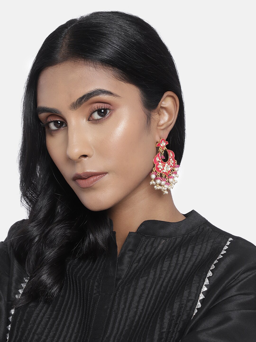 

I Jewels Pink & Gold-Plated Enamelled Classic Drop Earrings