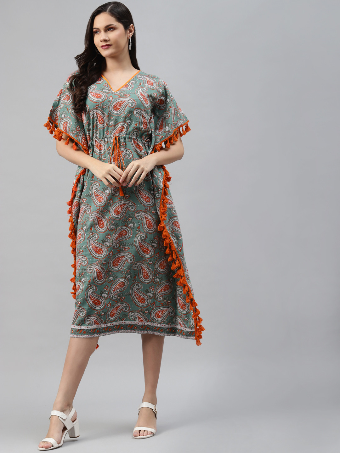 

mokshi Green & Rust Orange Paisley Print Cotton Kaftan Midi Dress