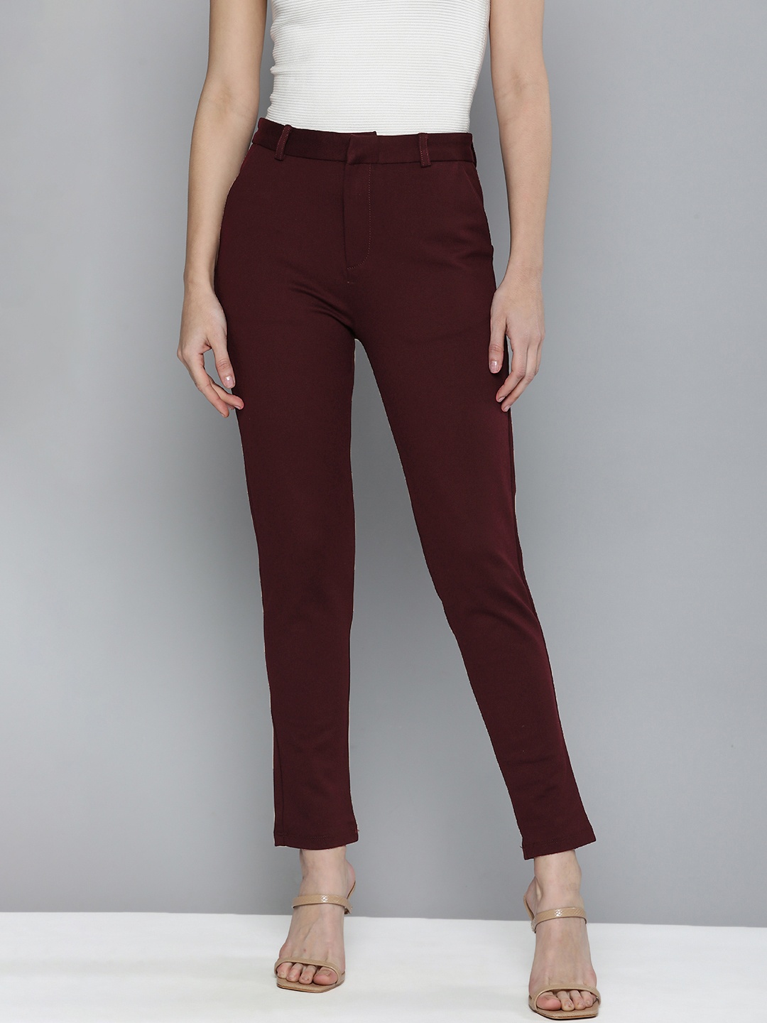 

CHIC BY TOKYO TALKIES Women Maroon Solid Slim Fit Trousers