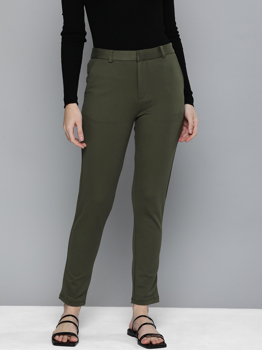 

CHIC BY TOKYO TALKIES Women Dark Olive Green Solid Slim Fit Trousers