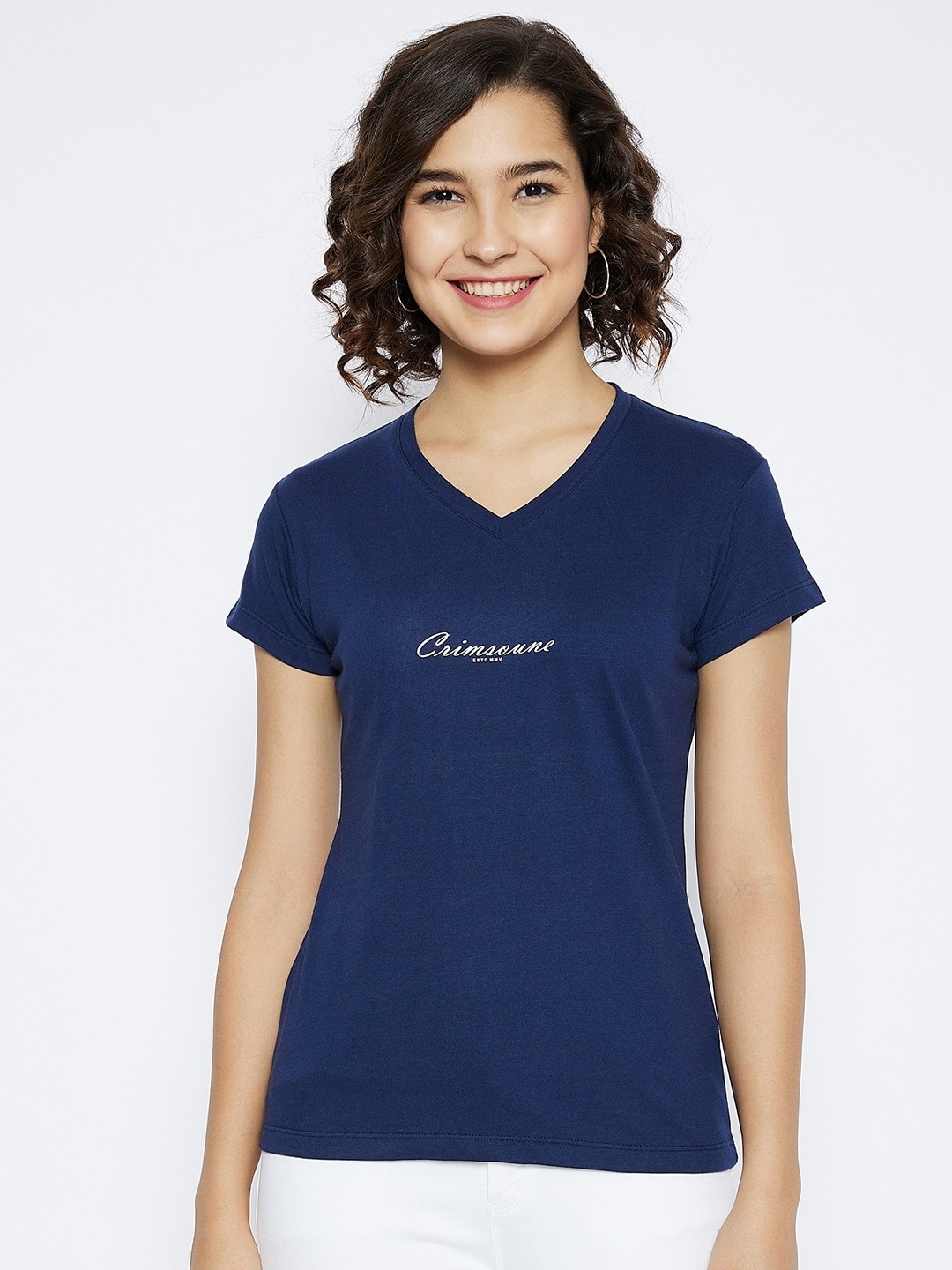 

Crimsoune Club Women Navy Blue Typography Printed V-Neck Slim Fit T-shirt