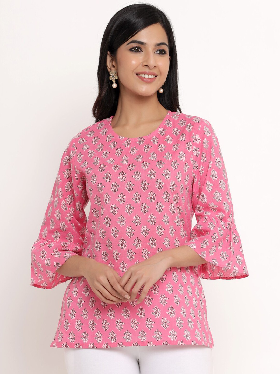 

Aprique FAB Pink Floral Bell Sleeve Pure Cotton Ethnic Top