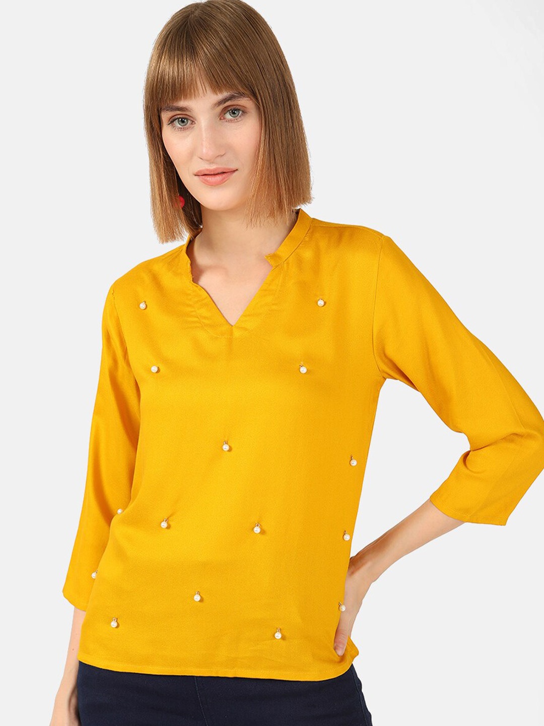 

V2 Value & Variety Women Mustard Yellow Embellished Mandarin Collar Regular Top