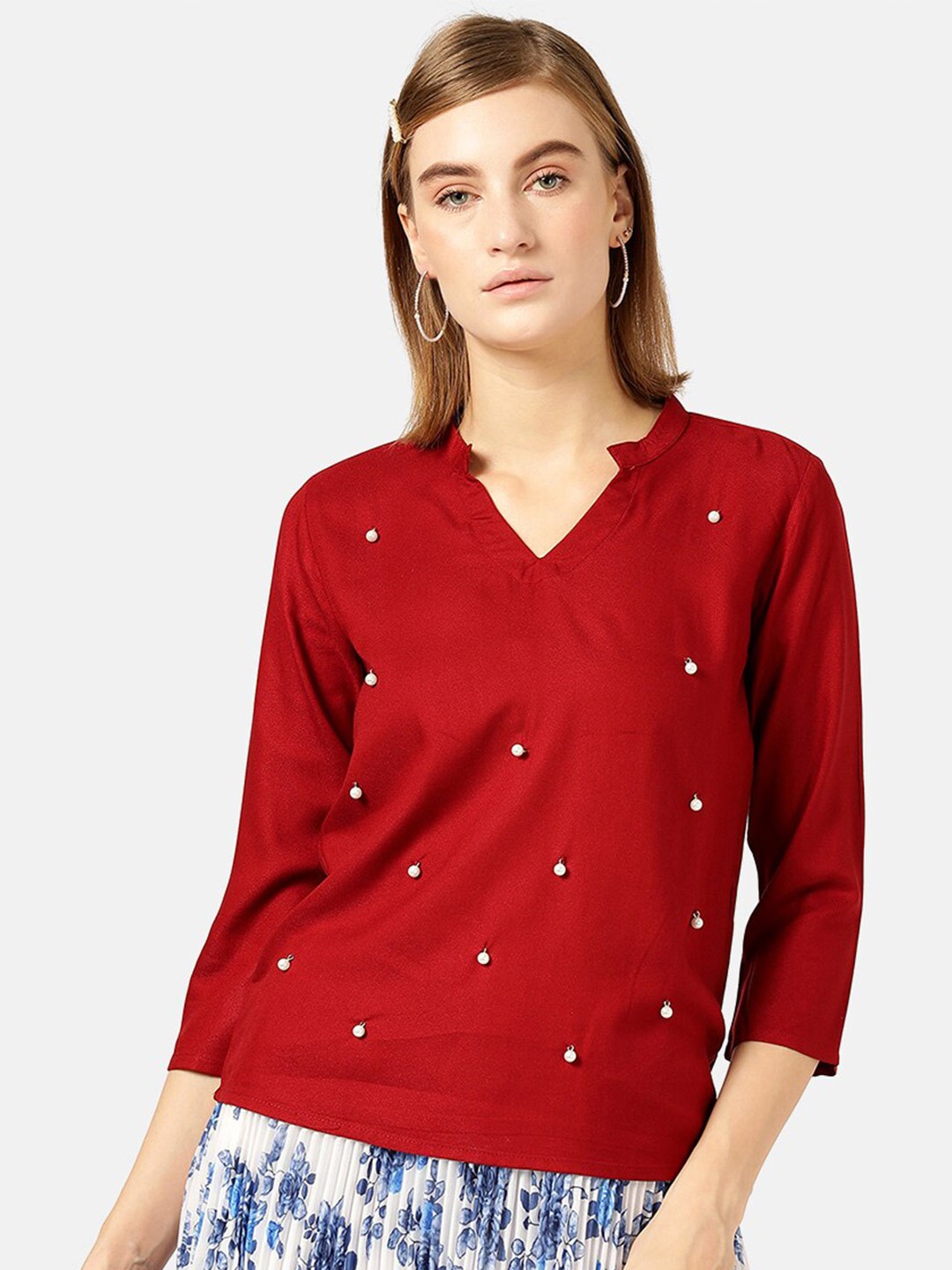 

V2 Value & Variety Maroon Pearls Studded Regular Top
