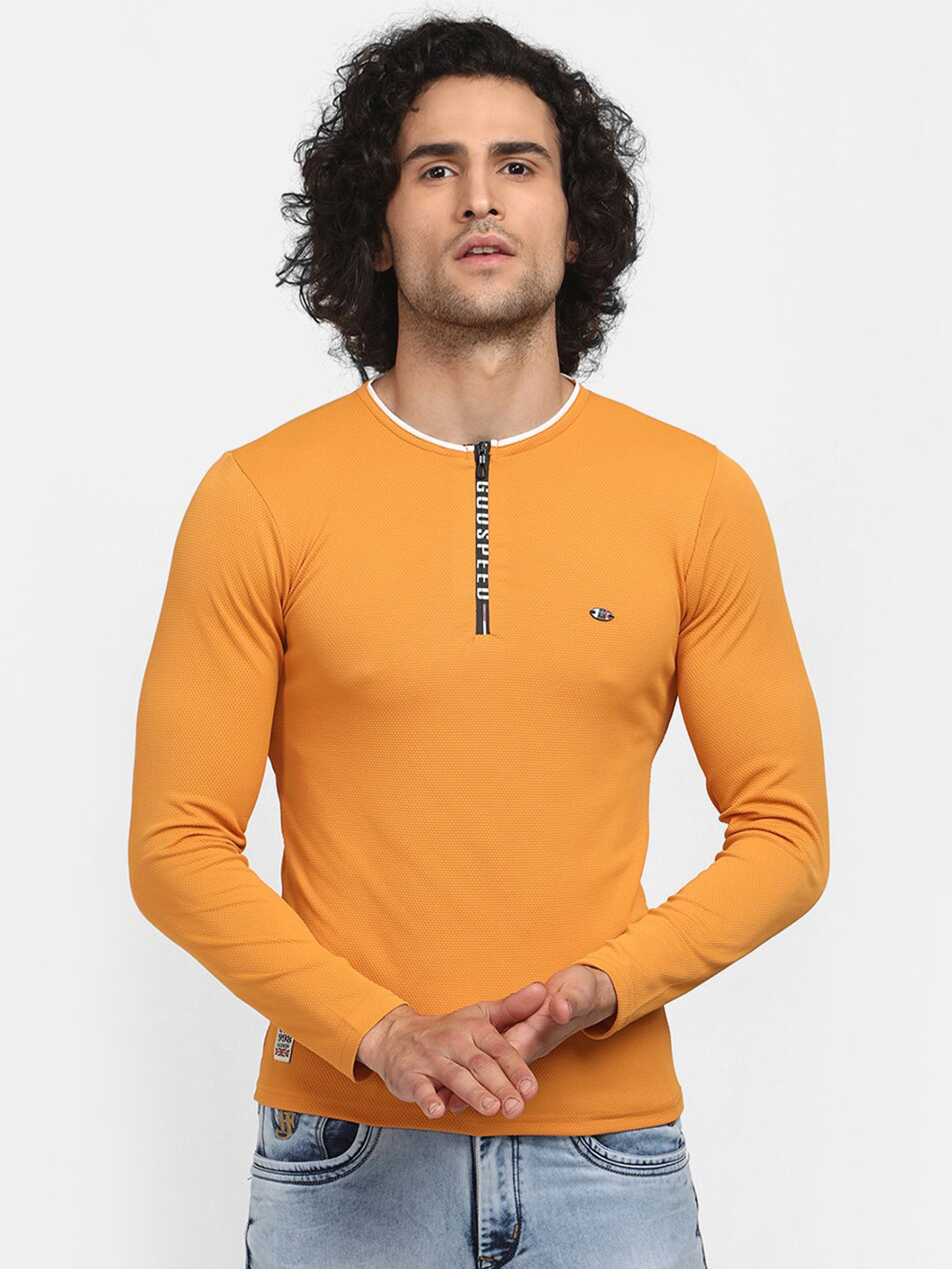 

V2 Value & Variety Men Mustard Yellow Typography Printed T-shirt