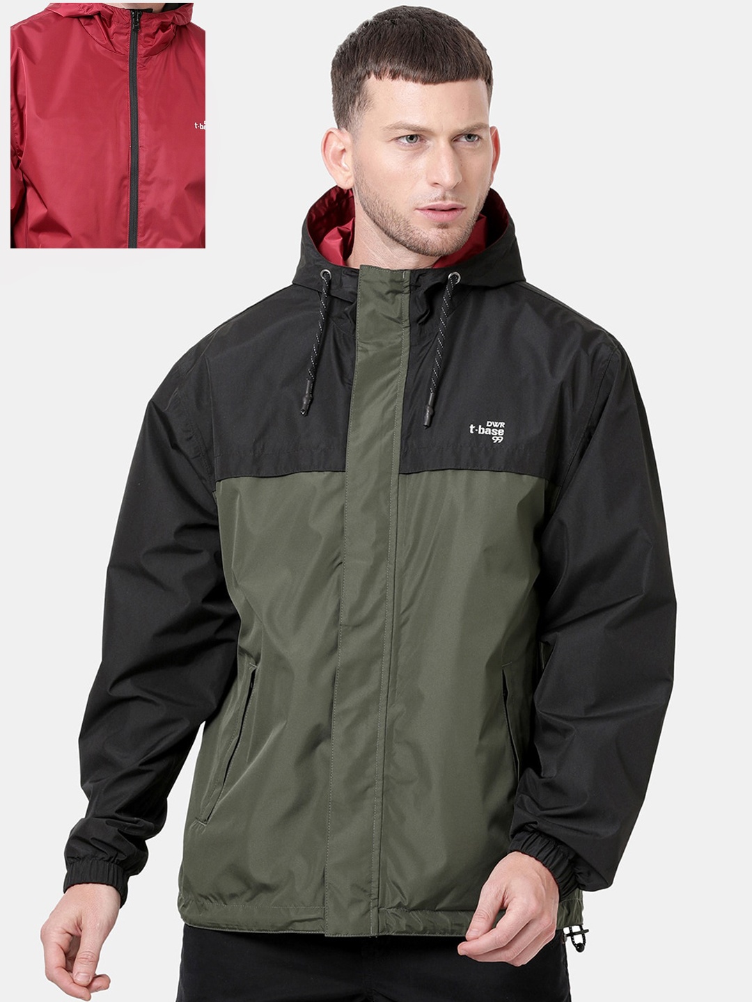 

t-base Men Olive Green & Black Reversible Windcheater and Water Resistant Biker Jacket