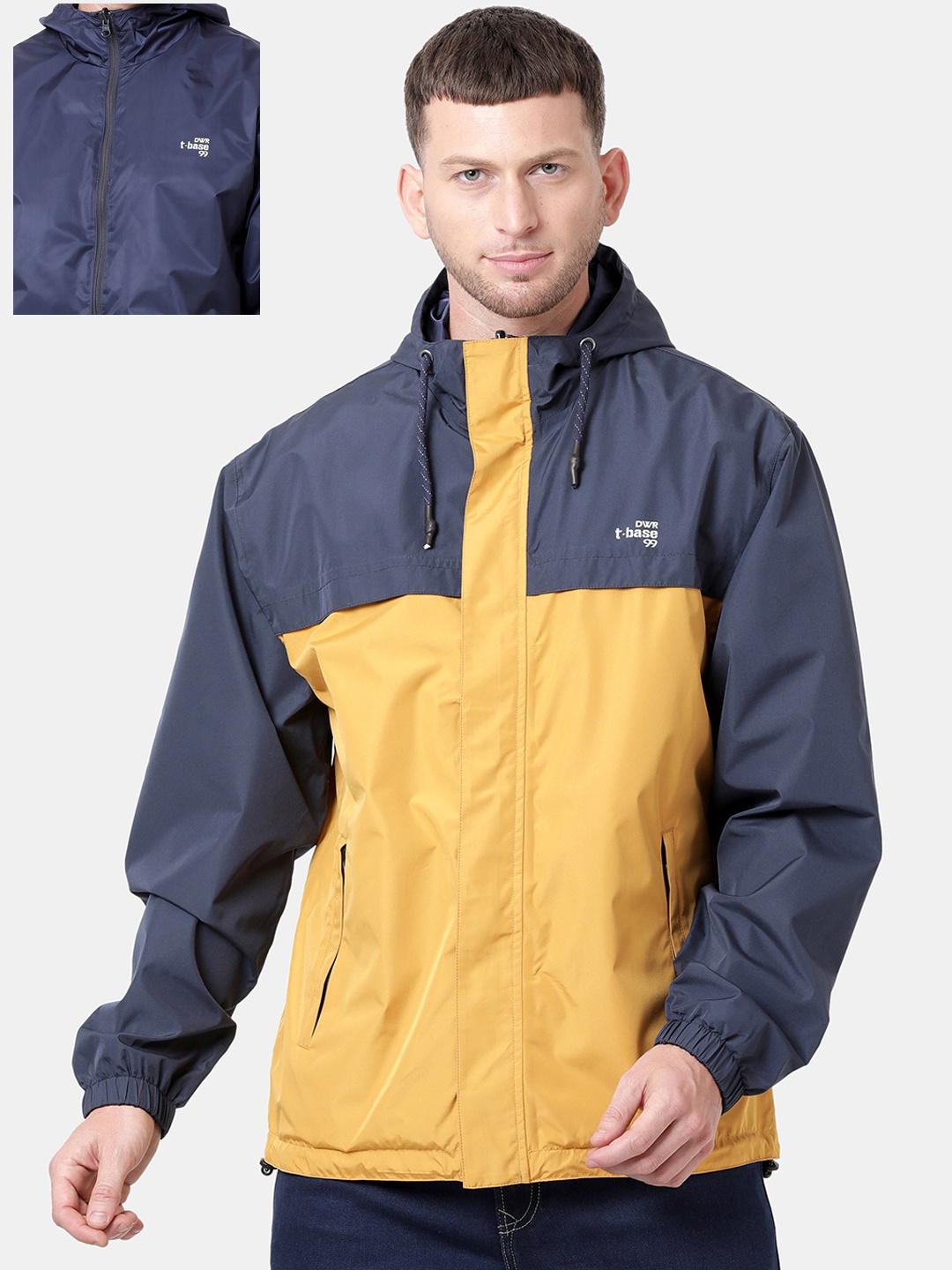 

t-base Men Yellow Colourblocked Reversible Windcheater and Water Resistant Biker Jacket