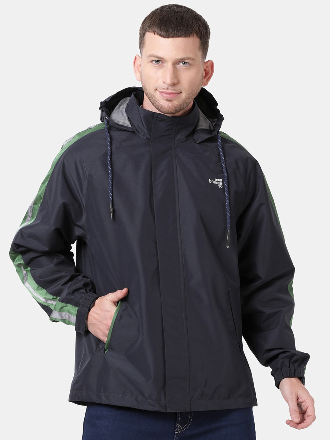 

t-base Men Navy Blue Windcheater and Water Resistant Biker Jacket