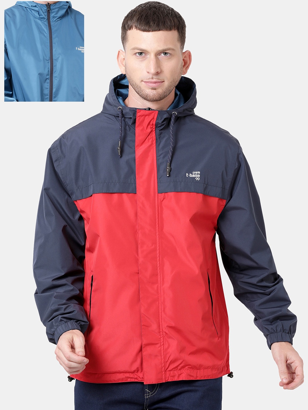 

t-base Men Red & Navy Blue Windcheater and Water Resistant Reversible Biker Jacket