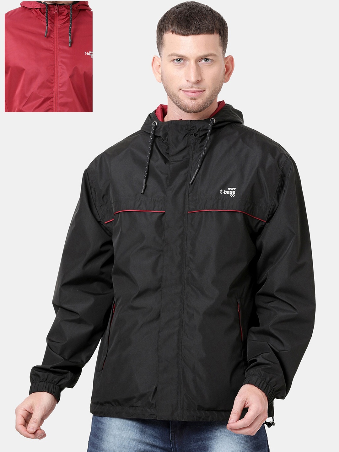 

t-base Men Black Windcheater and Water Resistant Reversible Biker Jacket