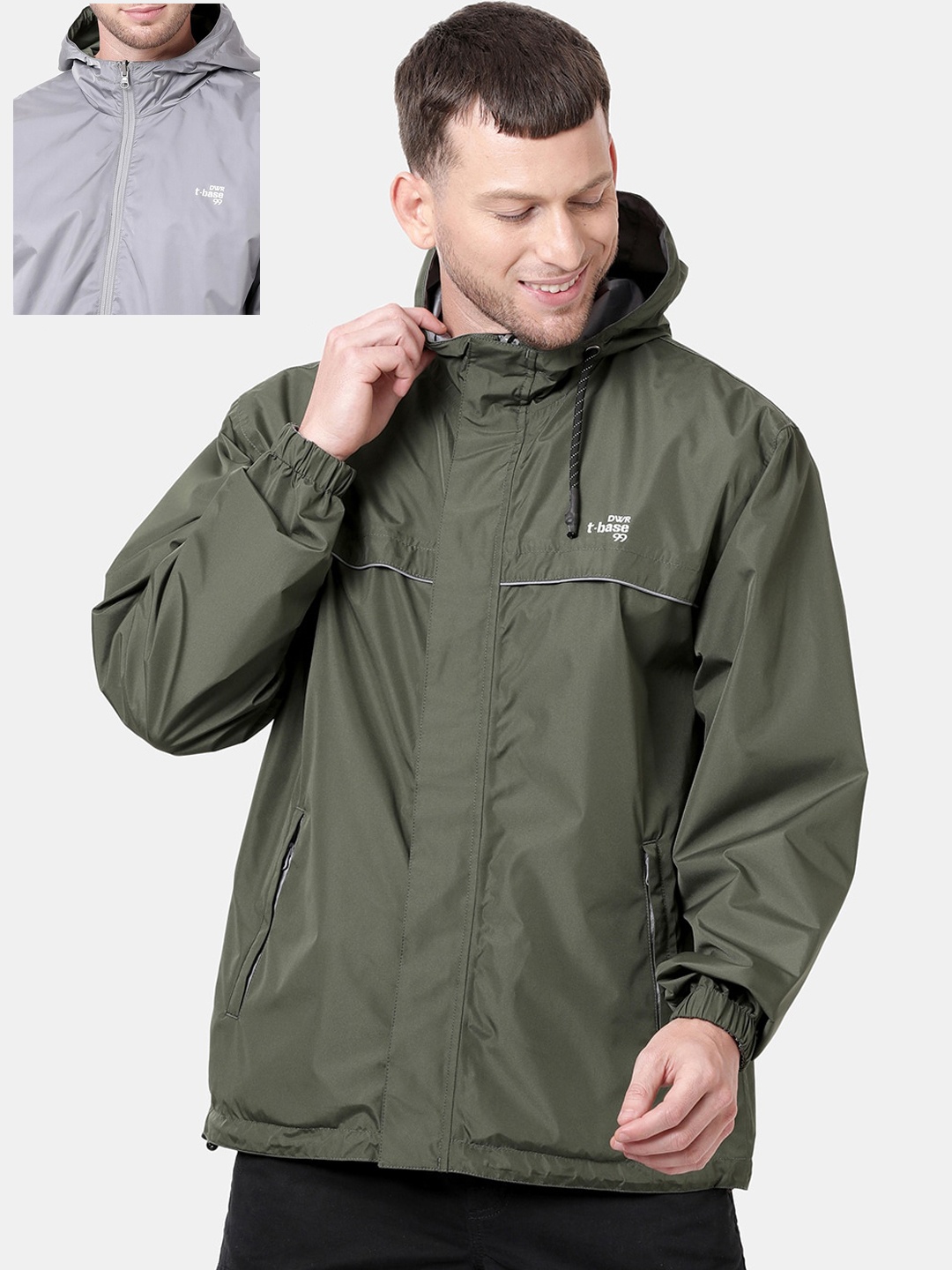 

t-base Men Olive Green Windcheater and Water Resistant Reversible Biker Jacket
