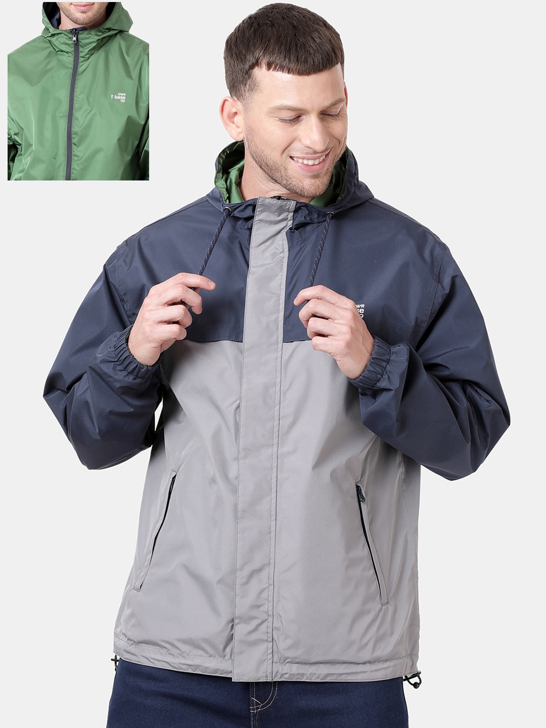 

t-base Men Grey & Navy Blue Windcheater and Water Resistant Reversible Biker Jacket