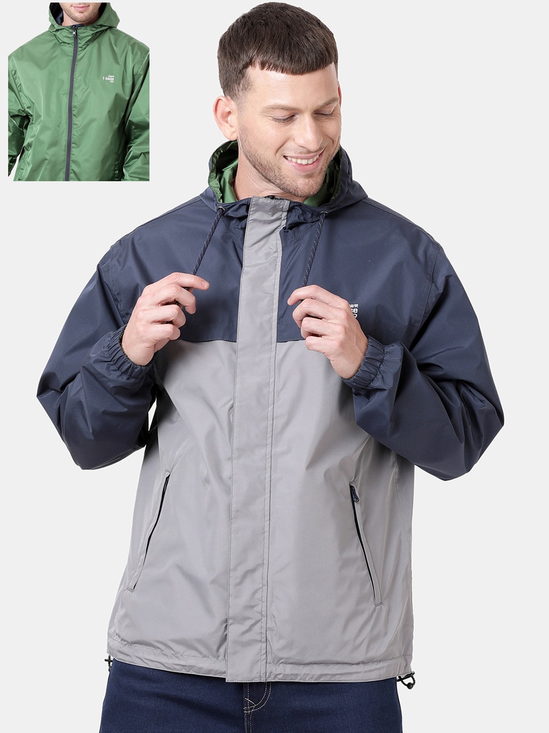 

t-base Men Grey & Navy Blue Windcheater and Water Resistant Reversible Biker Jacket