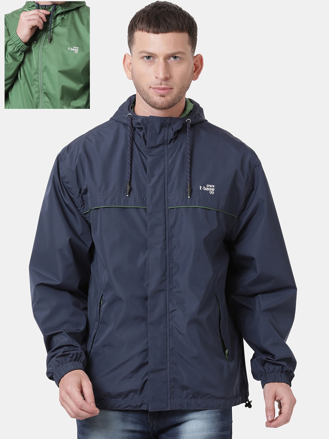 

t-base Men Blue Windcheater and Water Resistant Reversible Biker Jacket