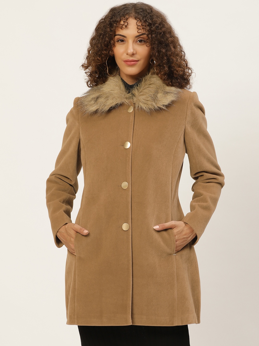 

Okane Women Brown Solid Hip Length Overcoat