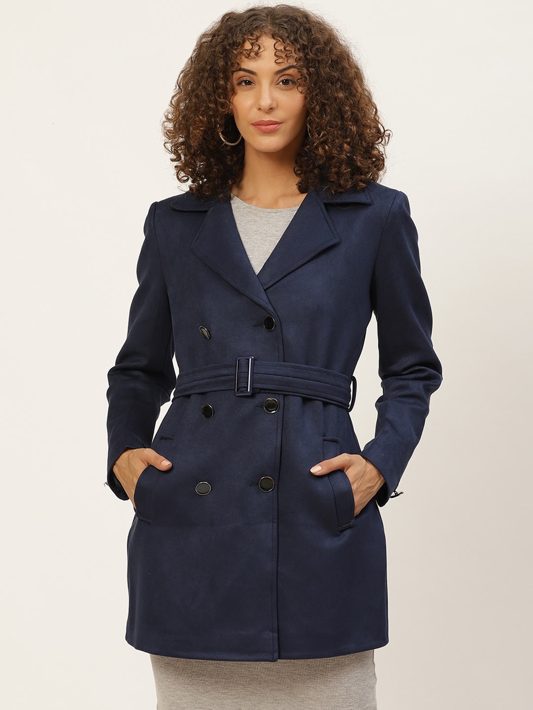 

Okane Women Navy Solid Suede Finish Pea Coat with Belt, Navy blue