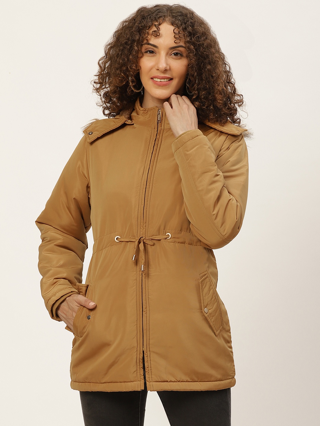 

Okane Women Mustard Brown Solid Detachable Hood Parka Jacket