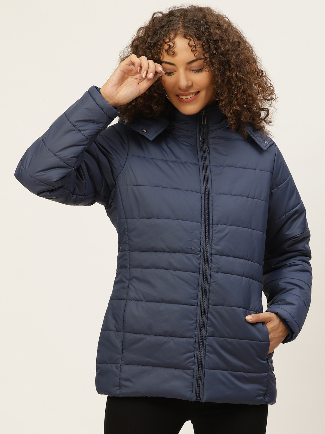 

Okane Women Navy Blue Solid Parka Jacket with Detachable Hood