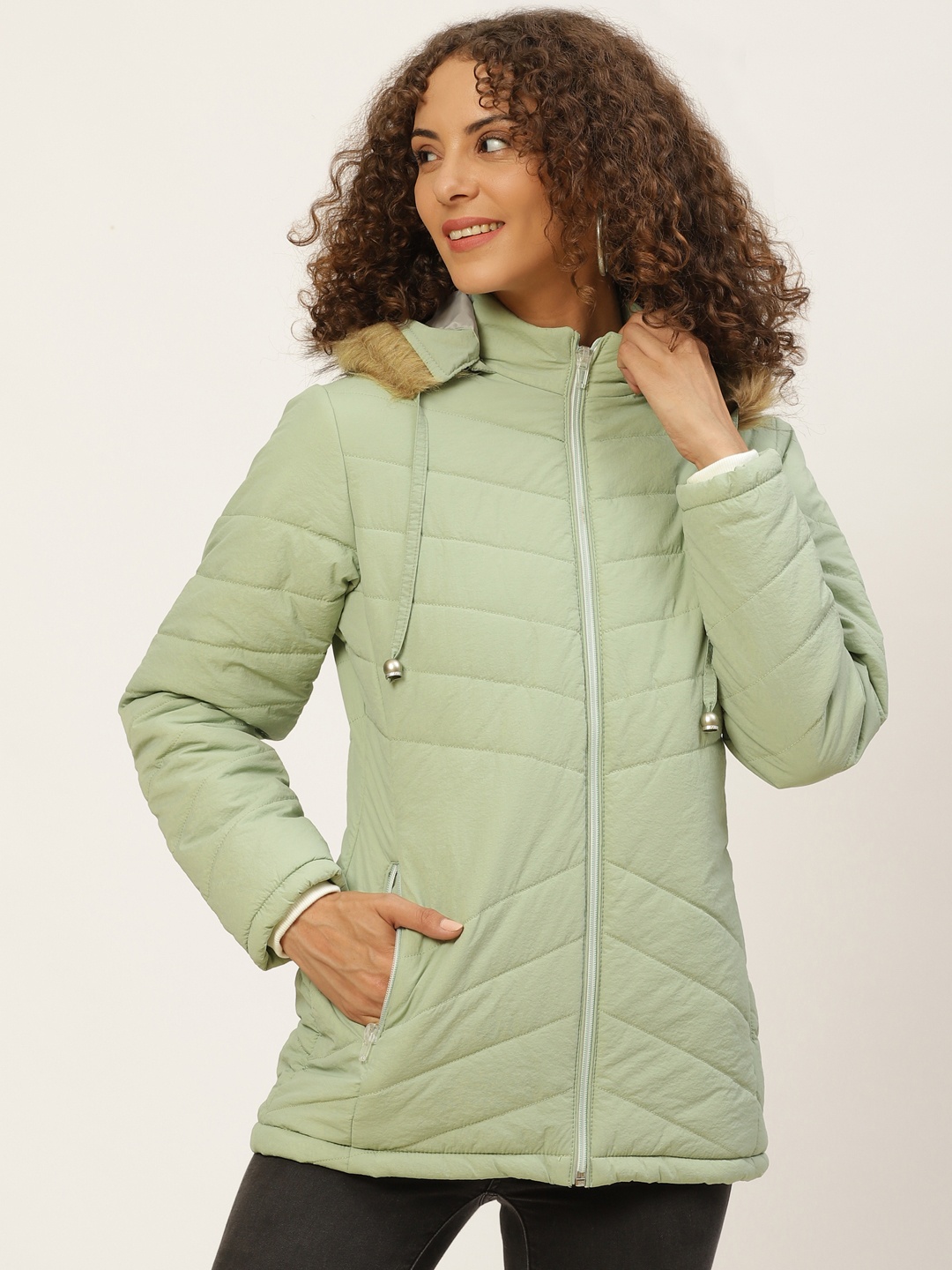 

Okane Women Mint Green Parka Jacket with Detachable Hood