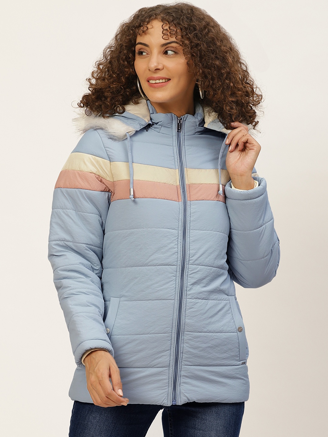 

Okane Women Blue Pink Striped Parka Jacket with Detachable Hood