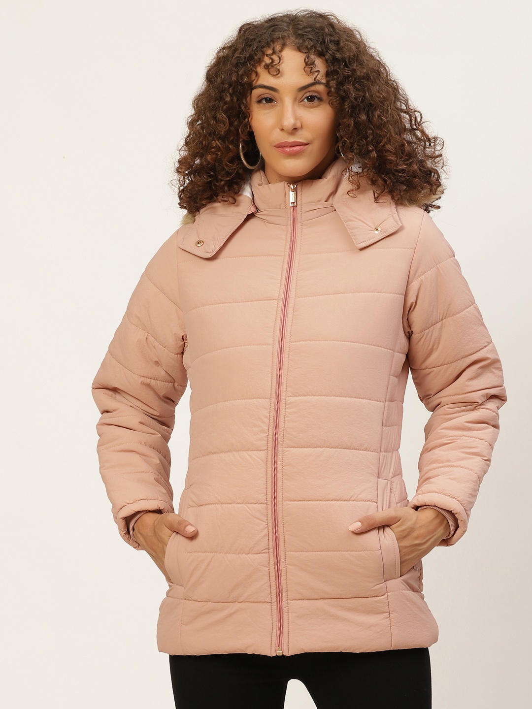 

Okane Women Peach-Coloured Solid Parka Jacket With Detachable Hood