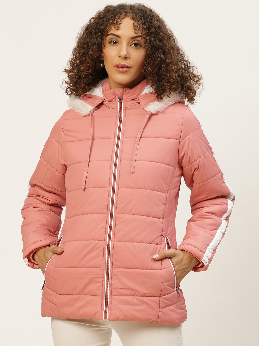 

Okane Women Peach-Coloured Solid Parka Jacket with Detachable Hood