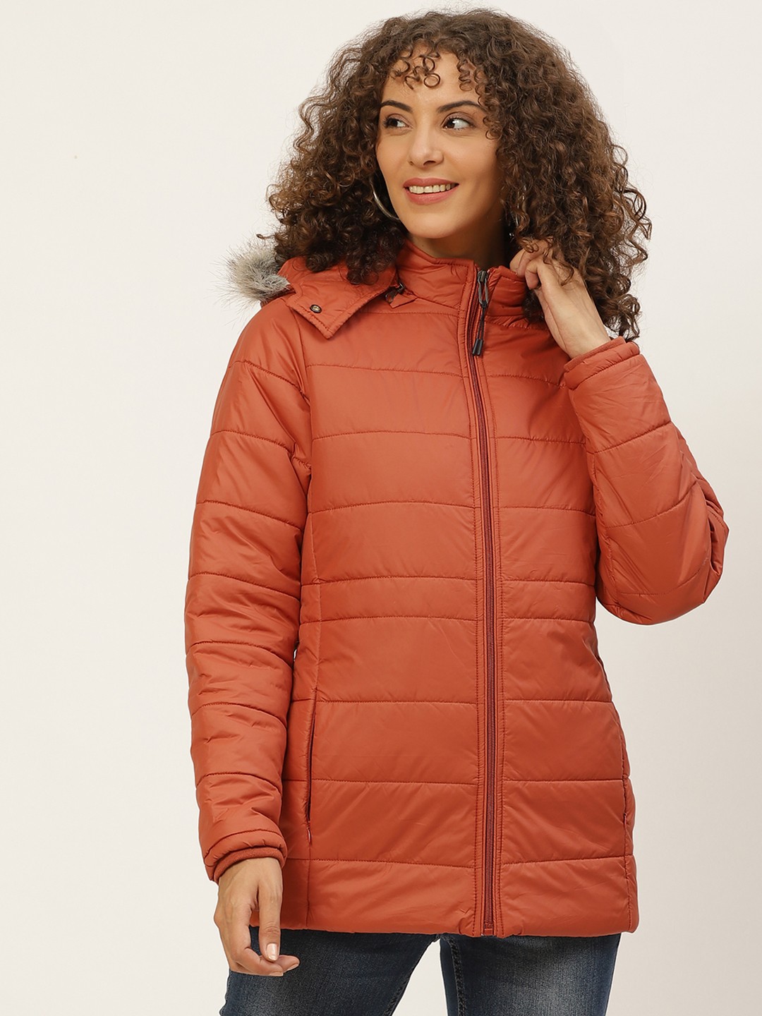 

Okane Women Rust Orange Parka Jacket with Detachable Hood