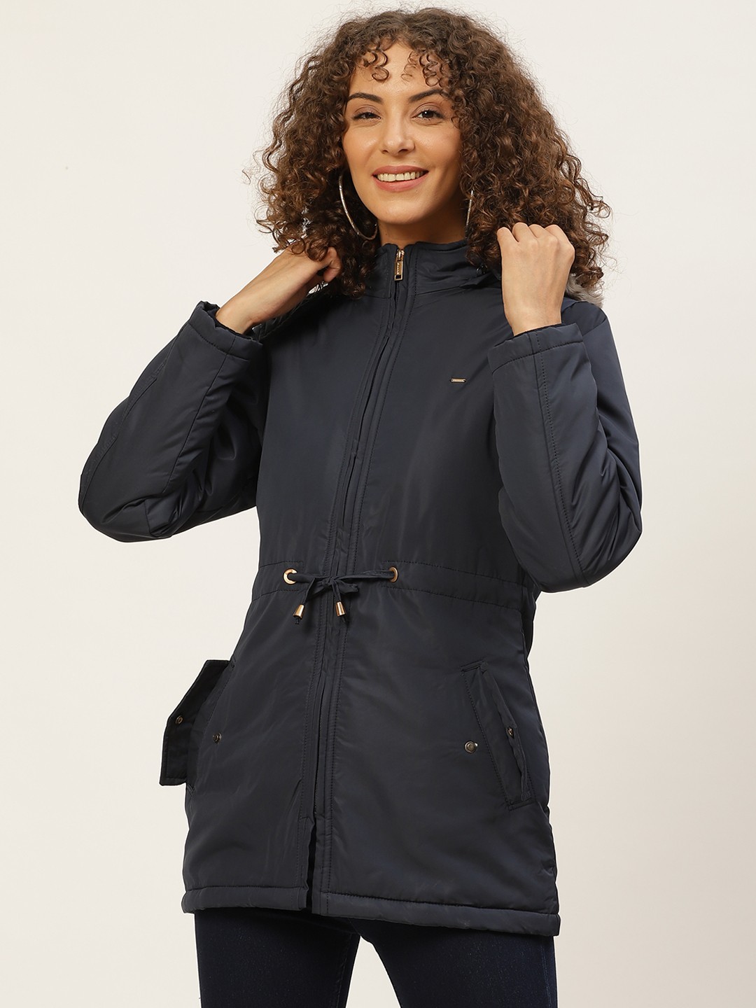 

Okane Women Navy Blue Parka Jacket with Detachable Hood