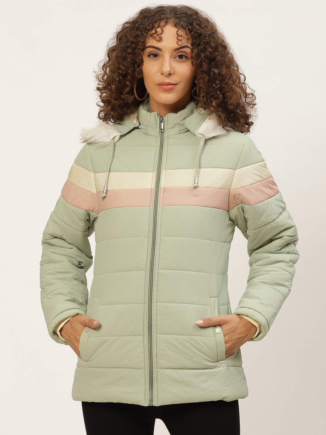 

Okane Women Green Striped Detachable Hood Parka Jacket