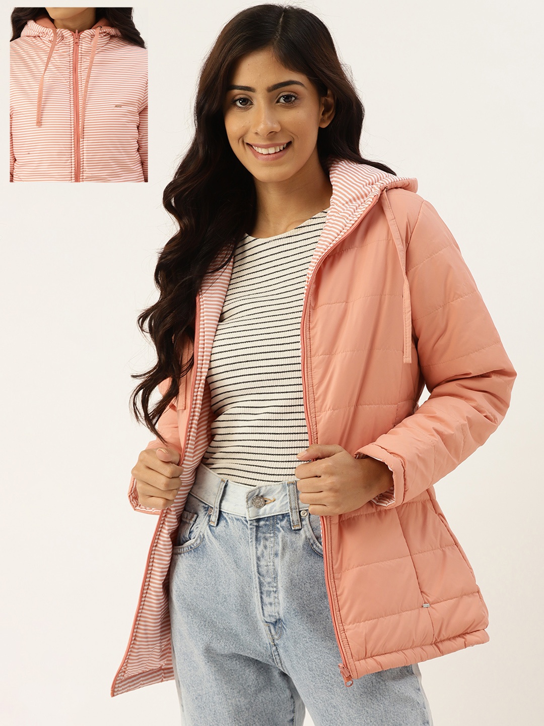 

Okane Women Peach-Coloured Reversible Parka Jacket With Detachable Hood
