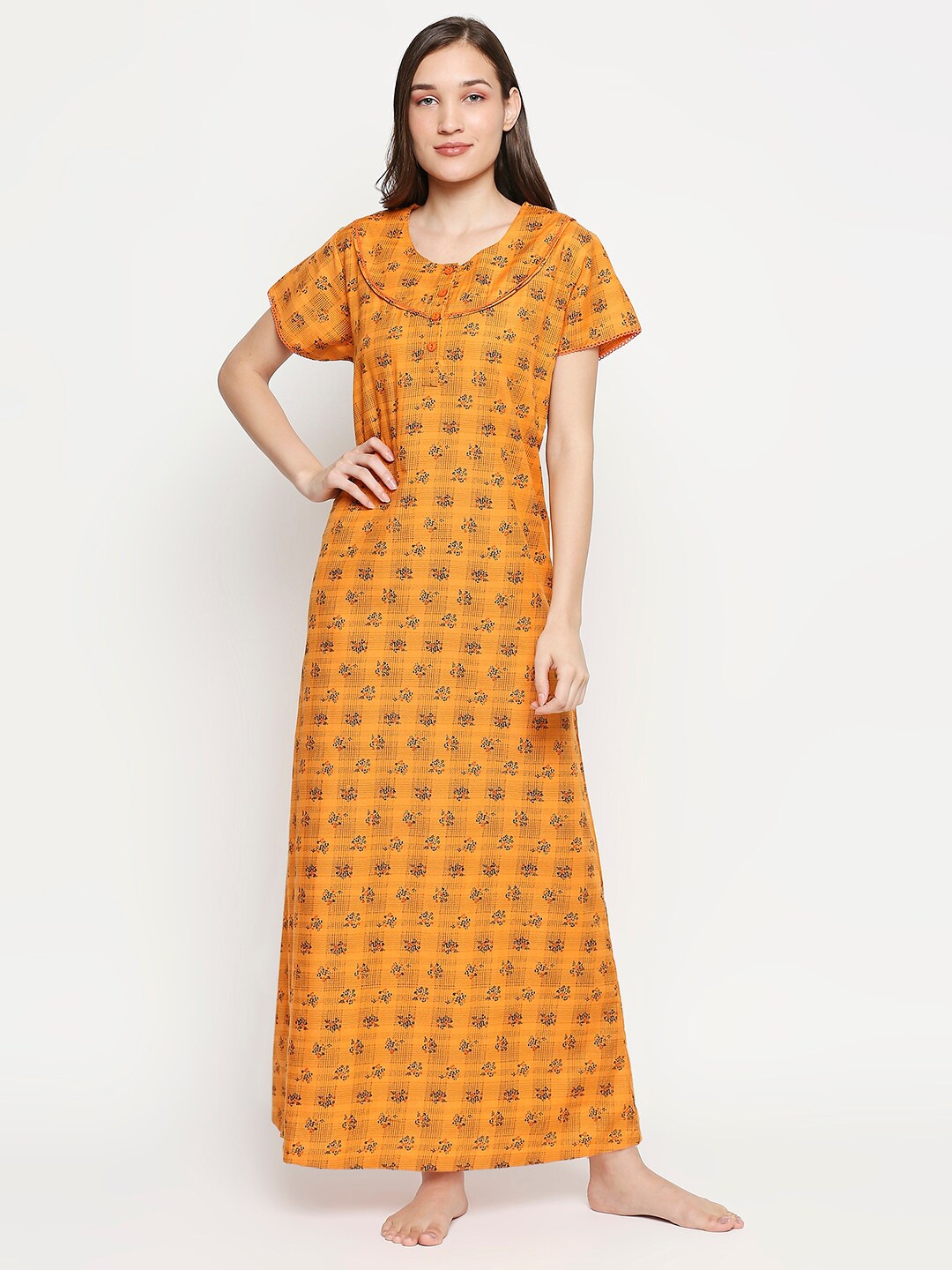 

XIN Womens Mustard Printed Maxi Nightdress